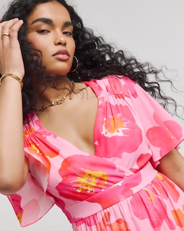 Twisted Wunder Pink Flower Chiffon Frill Hem Maxi Dress