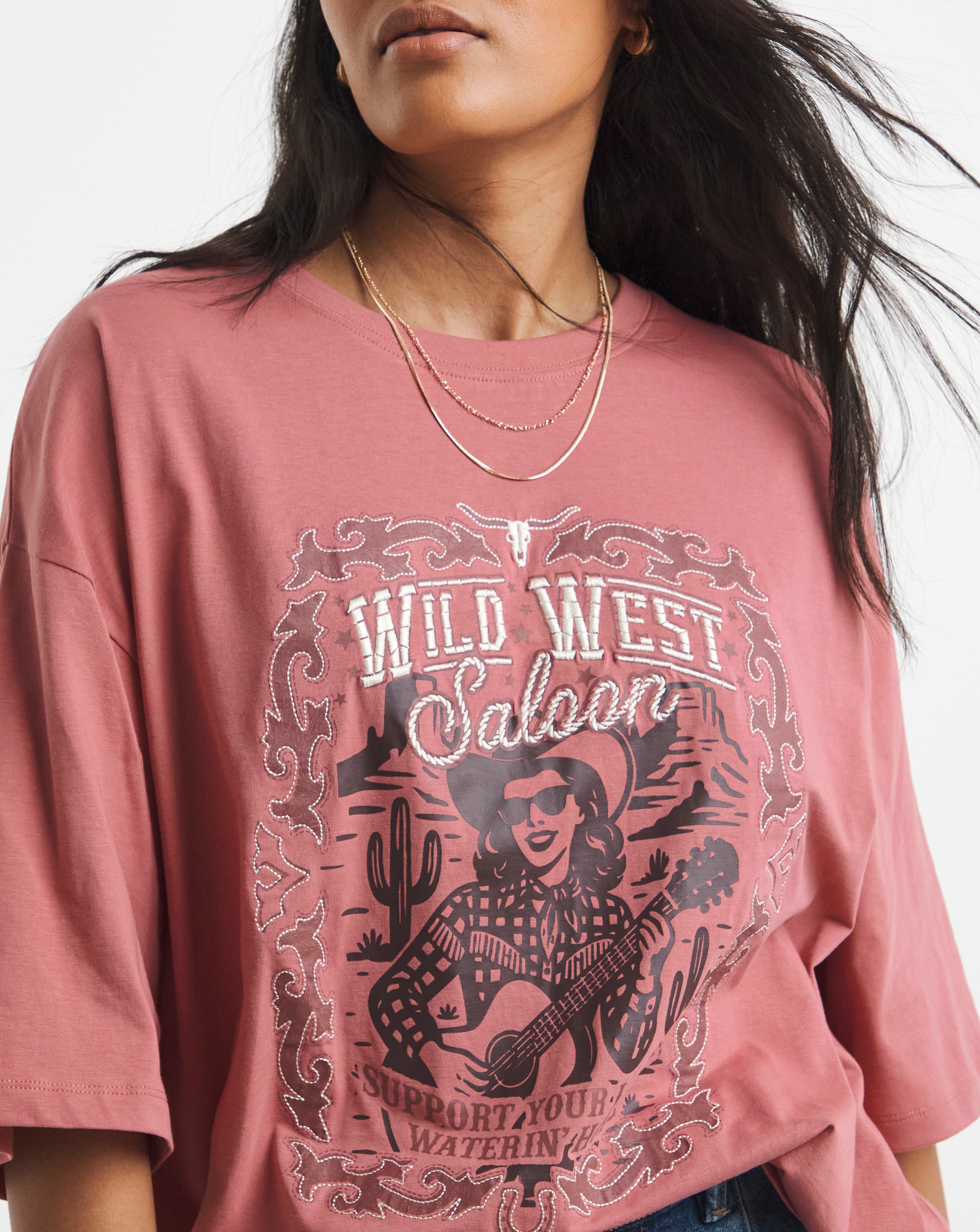 Simply Be Rose Wild West Embellished Graphic T-Shirt | Simply Be