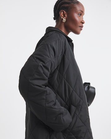 Black Cord Collar Quilted Longline Coat