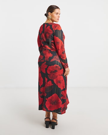 Red Floral Print Mesh Ruched Buckle Detail Midi Dress