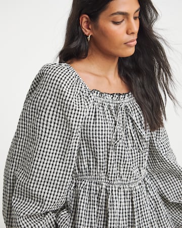 Seersucker Gingham Square Neck Blouse