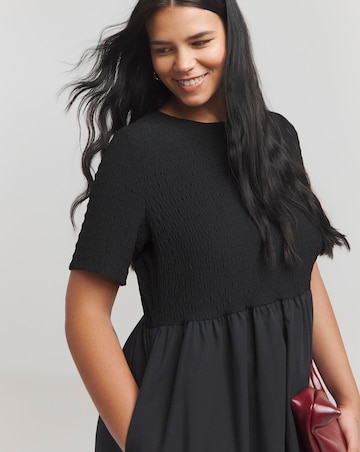 Black Jersey Poplin Mix Puffball Midi Dress