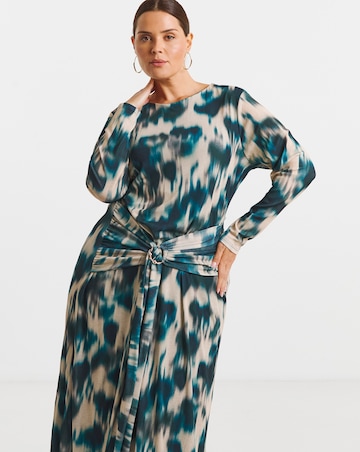 Blur Print Mesh Ruched Buckle Detail Midi Dress