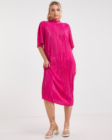 Pink Plisse Midi Dress With Angel Sleeves