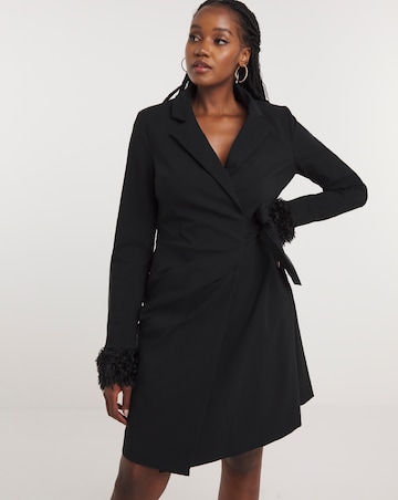 Black Bengaline Blazer Dress With Detachable Feather Cuff