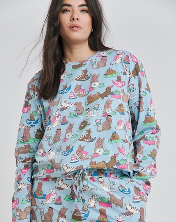 Chelsea Peers Jersey Cats Tea Party Print Crew Pyjama Set