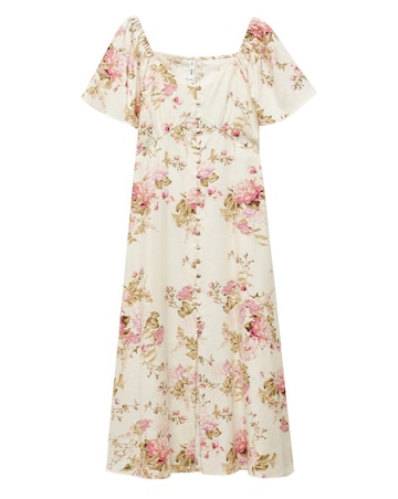 Mango Buttoned Floral Print Linen Blend Midi Dress
