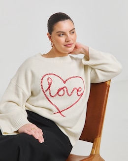Simply Be Cream Love Heart Embroidered Jumper