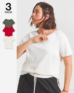 Ecru, Khaki &amp; Red 3 Pack of Short Sleeve Pure Cotton Slash Neck Tops