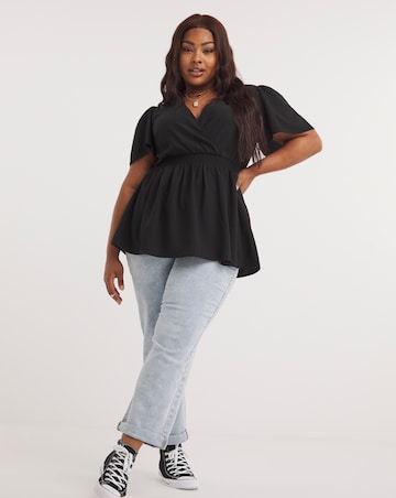 Black Shirred Waist Angel Sleeve Blouse