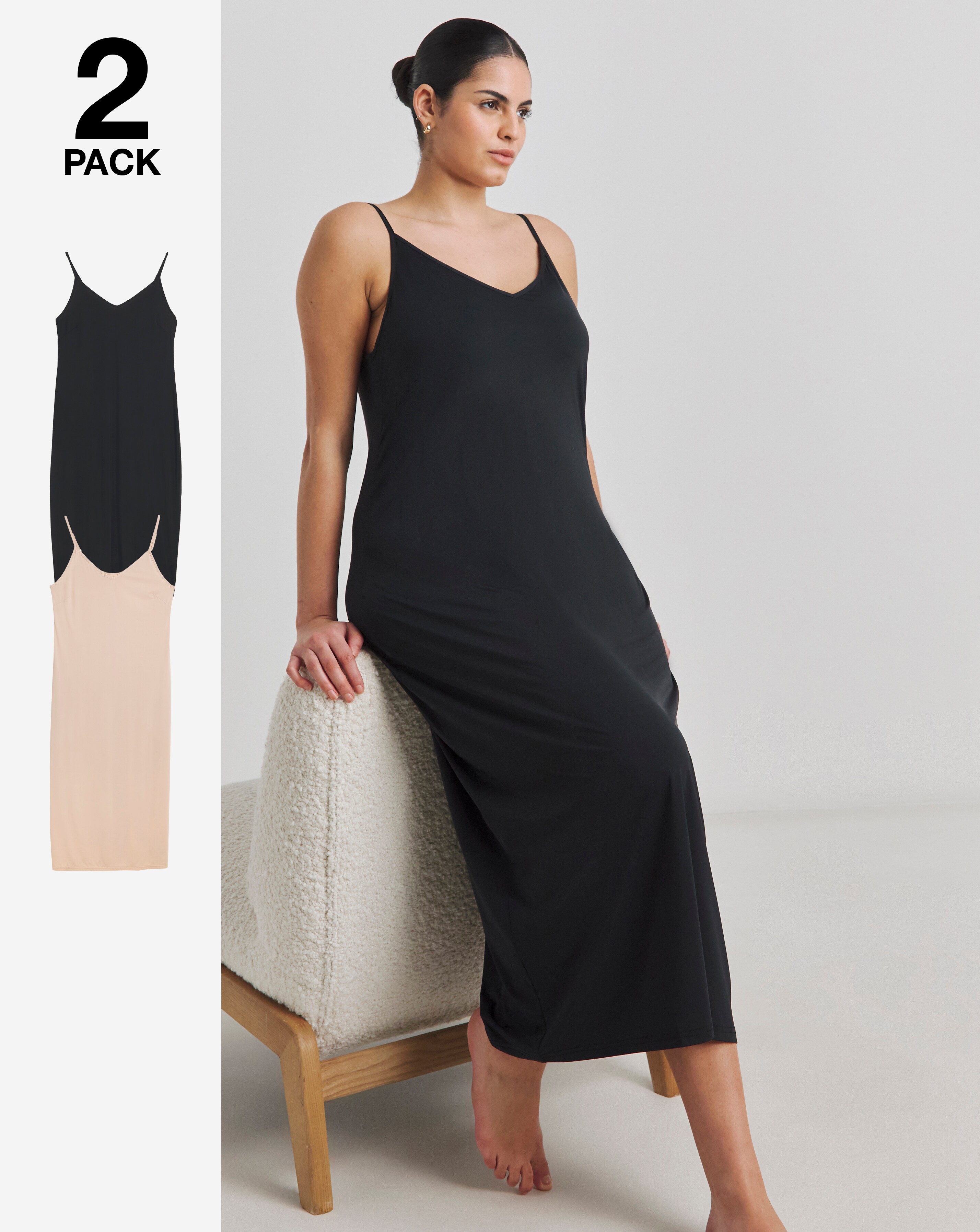 Pretty Secrets (2 Pack) Maxi Slips Length 52in Black/Almond