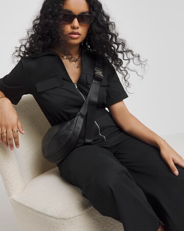 Black Zip Up Utility Twill Wide Leg Jumpsuit With Pockets