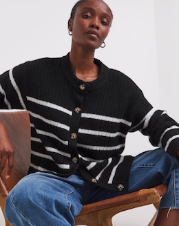 Simply Be Cosy Yarn Mono Stripe Crew Neck Ribbed Cardigan