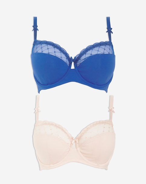 Pretty Secrets (2 Pack) Rachel Embroidery Balcony Bras (B-G) Blue/Cream