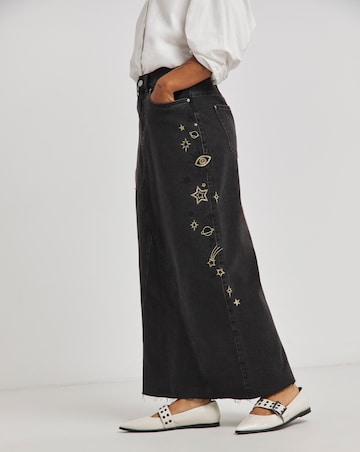 Simply Be X Twisted Wunder Black Cosmic Mix A Line Denim Maxi Skirt