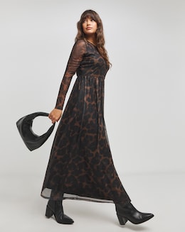 Leopard Print Long Sleeve Mesh Midi Dress