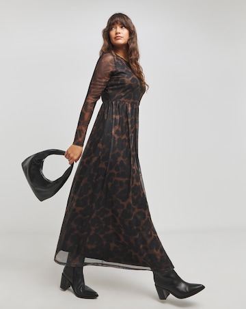 Leopard Print Long Sleeve Mesh Midi Dress