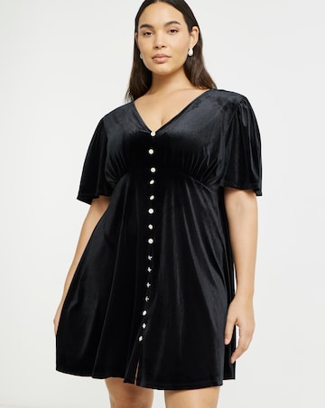 Black Button Through Velour Skater Dress