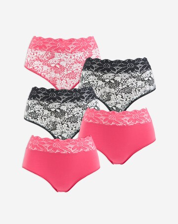 Pretty Secrets 5 Pack Lace Top Full Fit Brief Knickers - Pink Floral