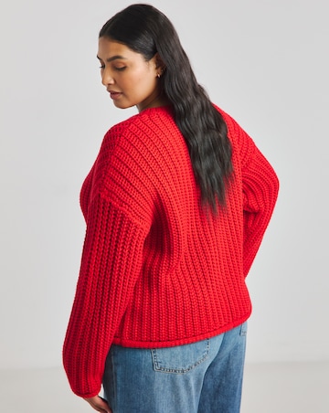 Red Chunky Knitted Crew Neck Cardigan