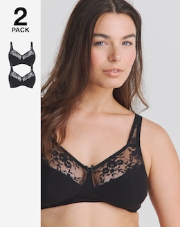 Pretty Secrets (2 Pack) Cotton Lace Non Wired Full Cup Bras B-G Black/Black
