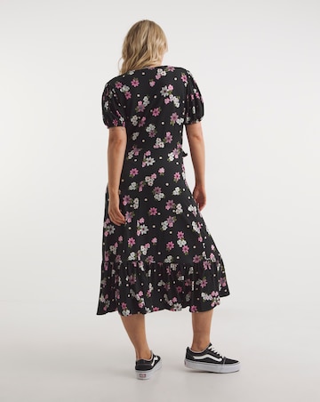 Black Floral Supersoft Jersey Tiered Frill Midi Dress