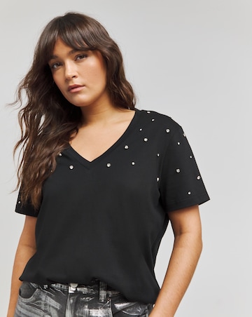 Black V Neck Embellished T-Shirt