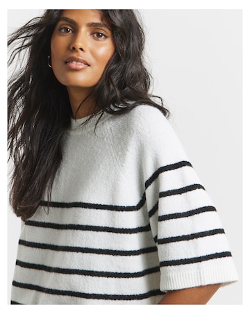 Cosy Yarn Ivory & Black Stripe Short Sleeve Boxy Knitted T-Shirt