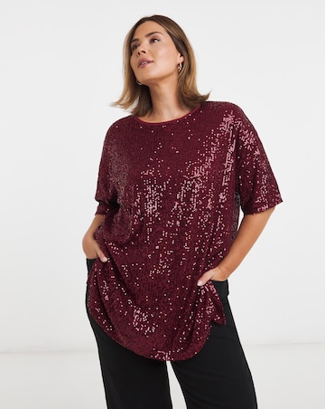 Burgundy Linear Sequin Oversized T-Shirt