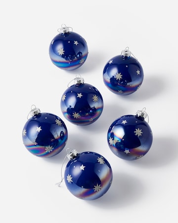 Set of 6 Iridescent Glass Blue Glitter Baubles with Glitter Stars
