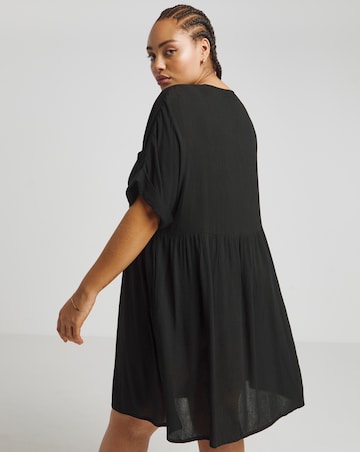 Black Crinkle Button Through Pocket Smock Dress