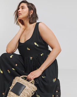 Black Embroidered Fruit Midi Sundress