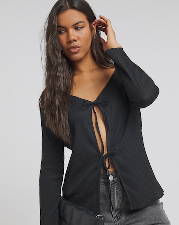 Black Textured Tie Front Cardigan