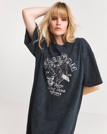 Acid Wash Rock Eagle Graphic Short Sleeve Midi T-Shirt Dress