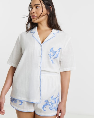 Figleaves Embroidered Cotton Pyjama Shortie Set