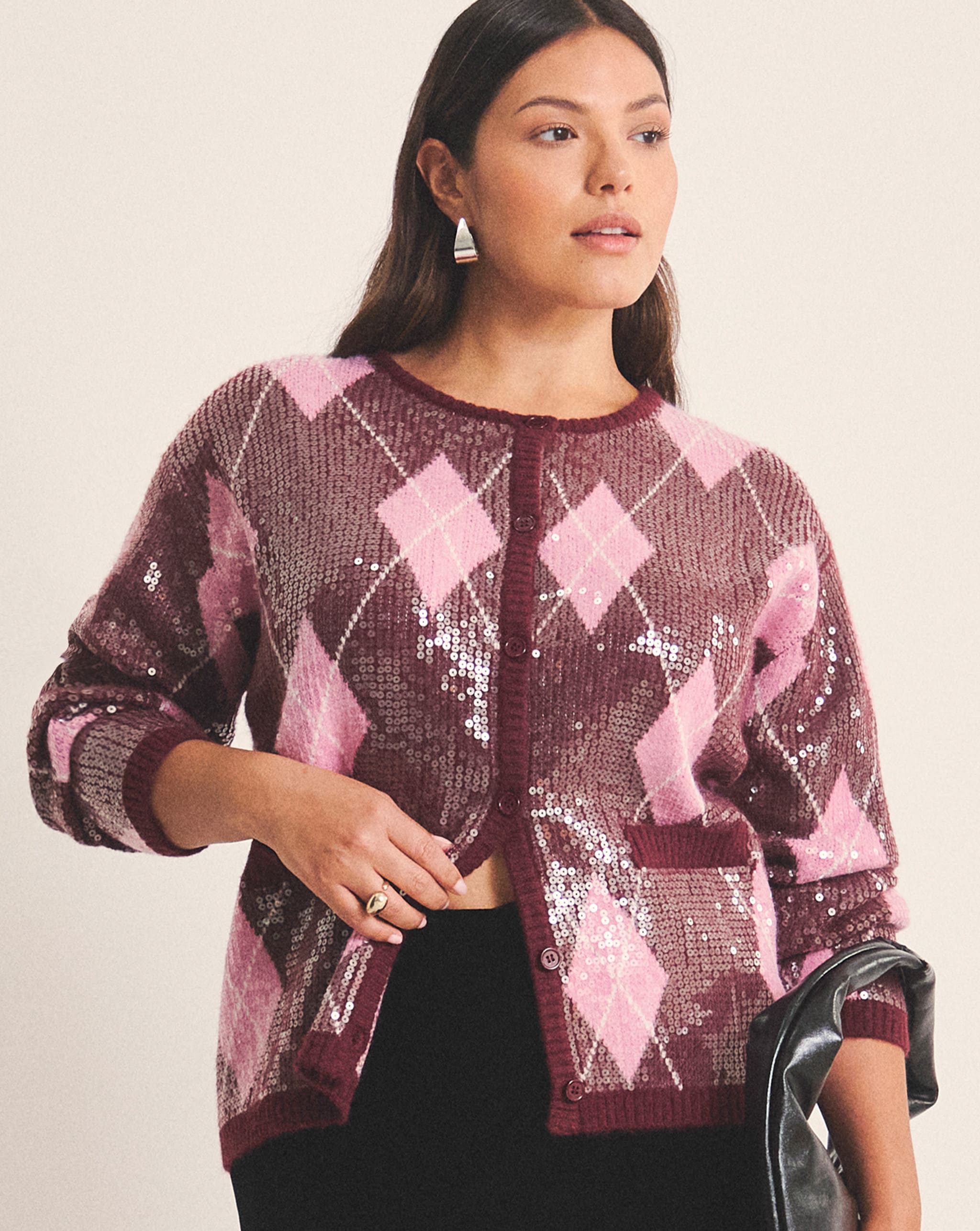 Model Wearing Simply Be Argyle Crew Neck Clear Sequin Cardigan