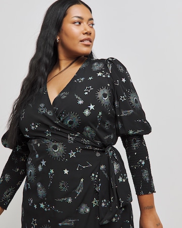 Foil Cosmic Print Wrap Midi Dress With Shirred Cuff