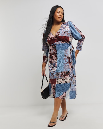 Mixed Print Shirred Sleeve Wrap Midi Dress