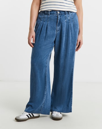 Simply Be Mid Blue Pleat Detail Lyocell Wide Leg Jeans