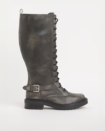 Davina Leather Knee High Lace Up Utility Boots Extra Wide EEE Fit Curvy Calf