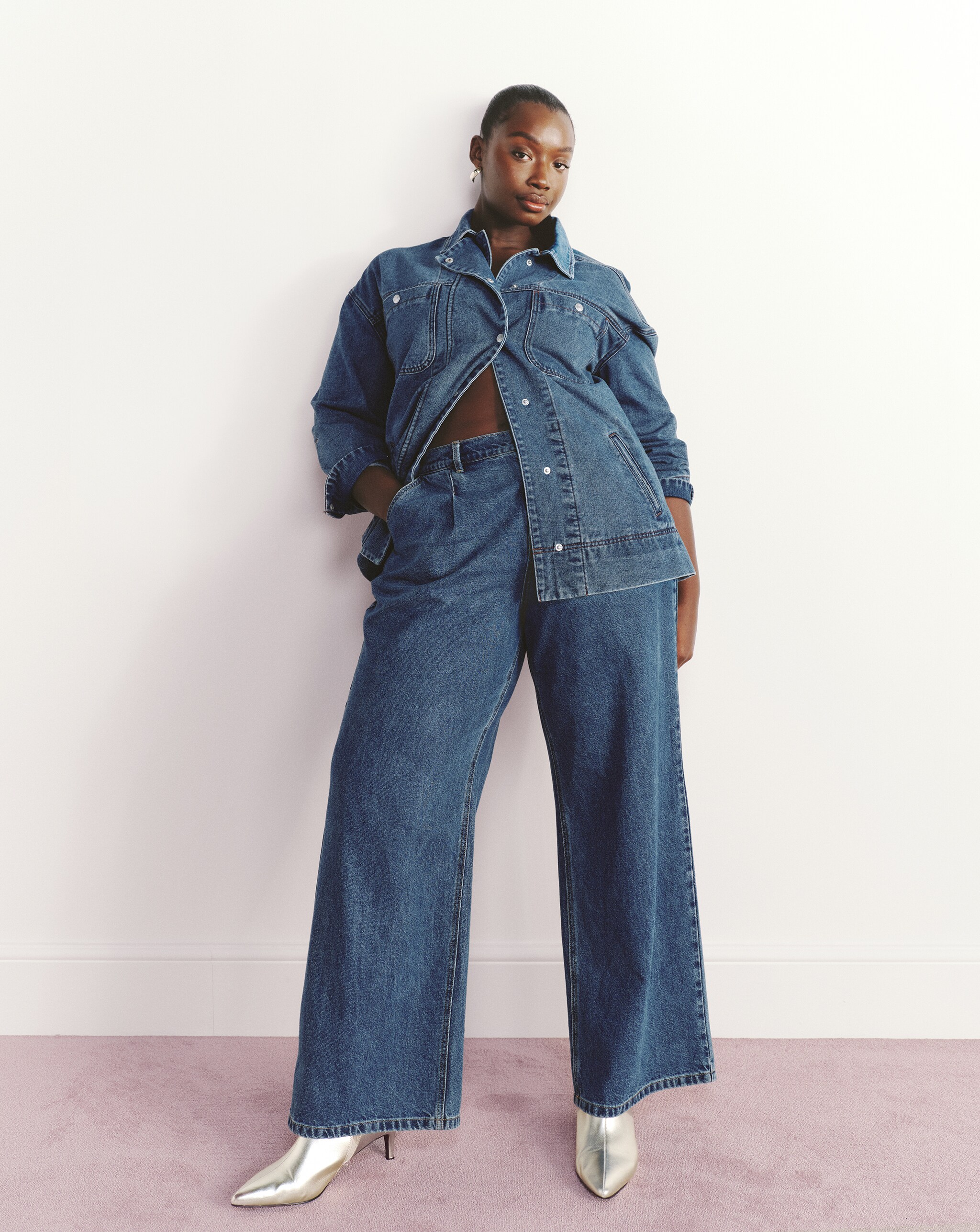 Matching denim shirt and wide leg jeans
