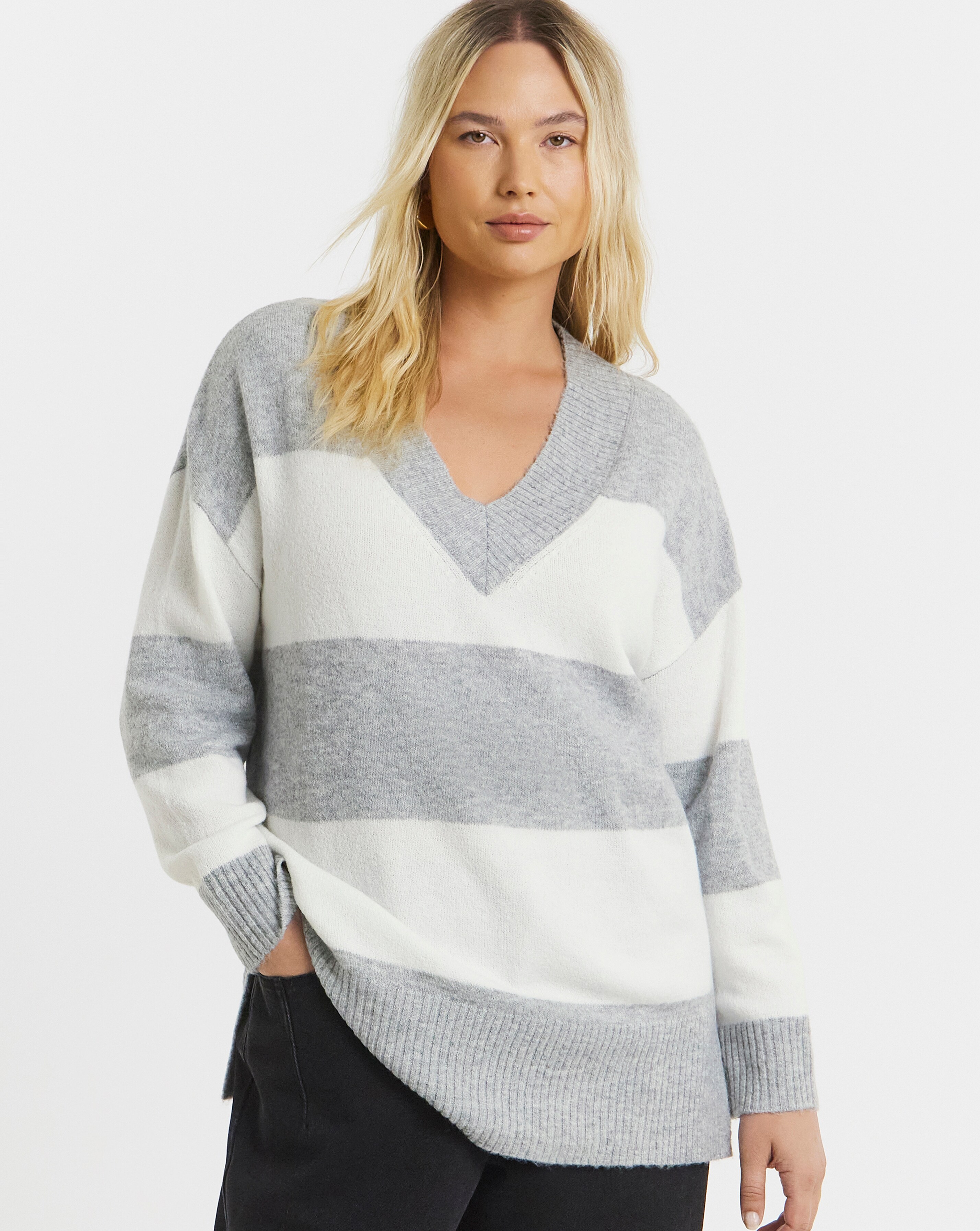 Cosy Yarn Grey & Ivory Stripe V-Neck Tunic