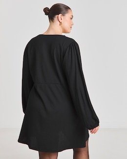 Black Long Sleeve Waffle Lace Trim Skater Dress
