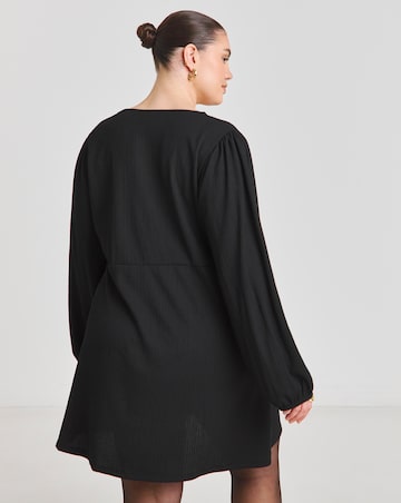 Black Long Sleeve Waffle Lace Trim Skater Dress