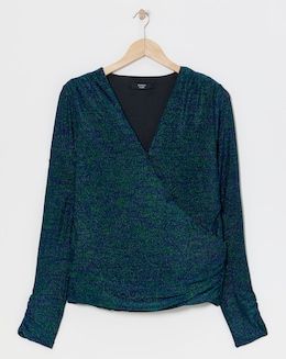 Joanna Hope Green/Blue Glitter Knit Wrap Top