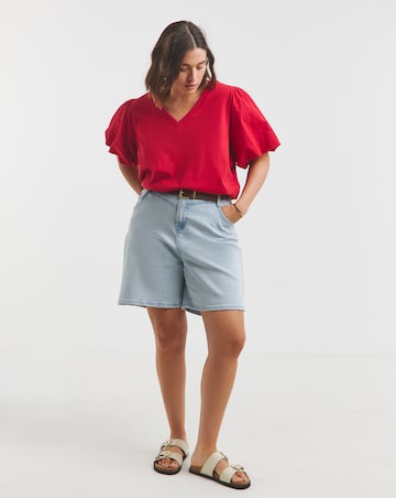 Red Broderie Sleeve V Neck T-Shirt