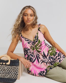 Simply Be Palm Print Ruched Tie Detail Frill Strap Viscose Cami