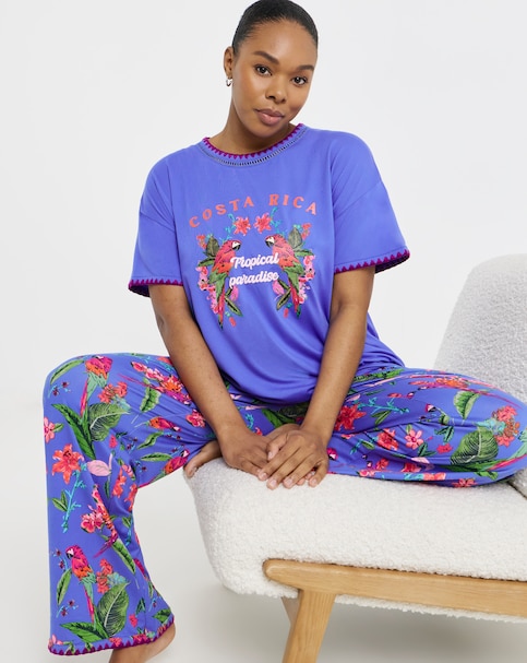 Figleaves Blanket Stitch Pyjama Set Parrot Print