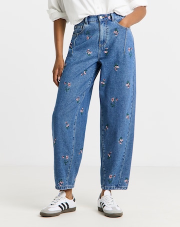 Mid Wash Floral Embroidered Barrel Leg Jeans