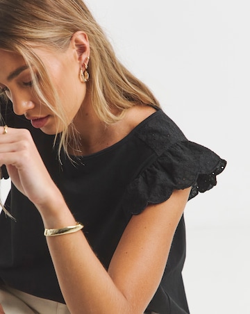 Black Broderie Frill Sleeve Top with Tie